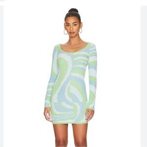 Superdown Kia Mini dress low back knit blue green multi Revolve swirl print